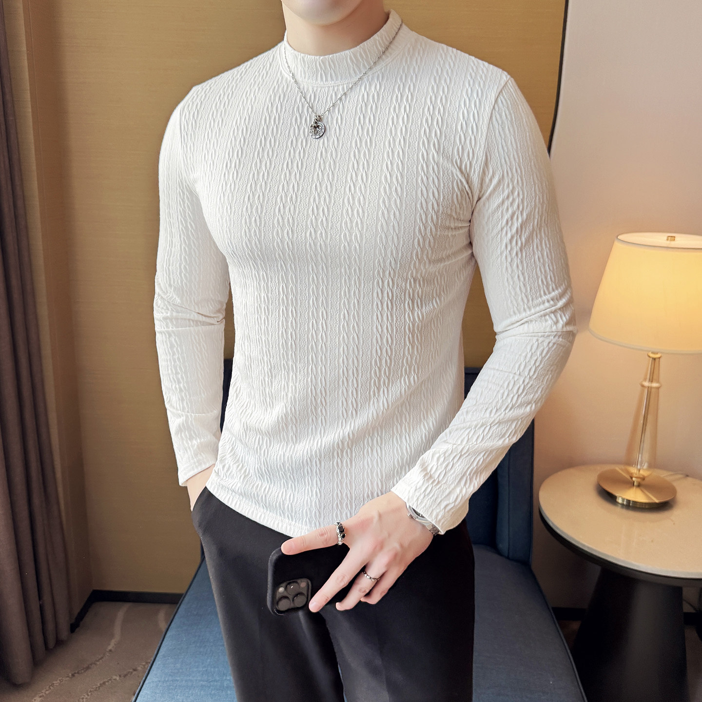 DS051-P48半高领立体提花双线条纹T恤时尚百搭男士长袖打底衫,男装T恤,星座1606-1