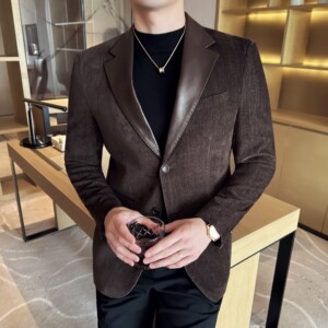 莱赛尔拼皮男士韩版修身西服时尚休闲西装外套DX57-P148图片