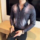 男士牛仔洗水印花衬衣韩版修身免熨长袖衬衫CS045-P62，男装衬衫，星座1606-1