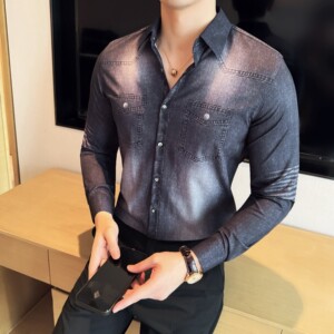 男士牛仔洗水印花衬衣韩版修身免熨长袖衬衫CS045-P62图片