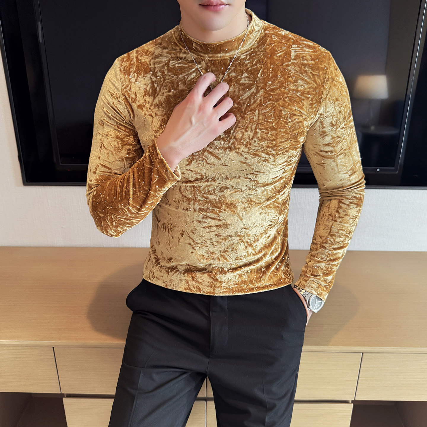 DS047-P48金丝绒满天星半高领T恤时尚修身立体男士长袖打底衫,男装T恤,星座1606-1