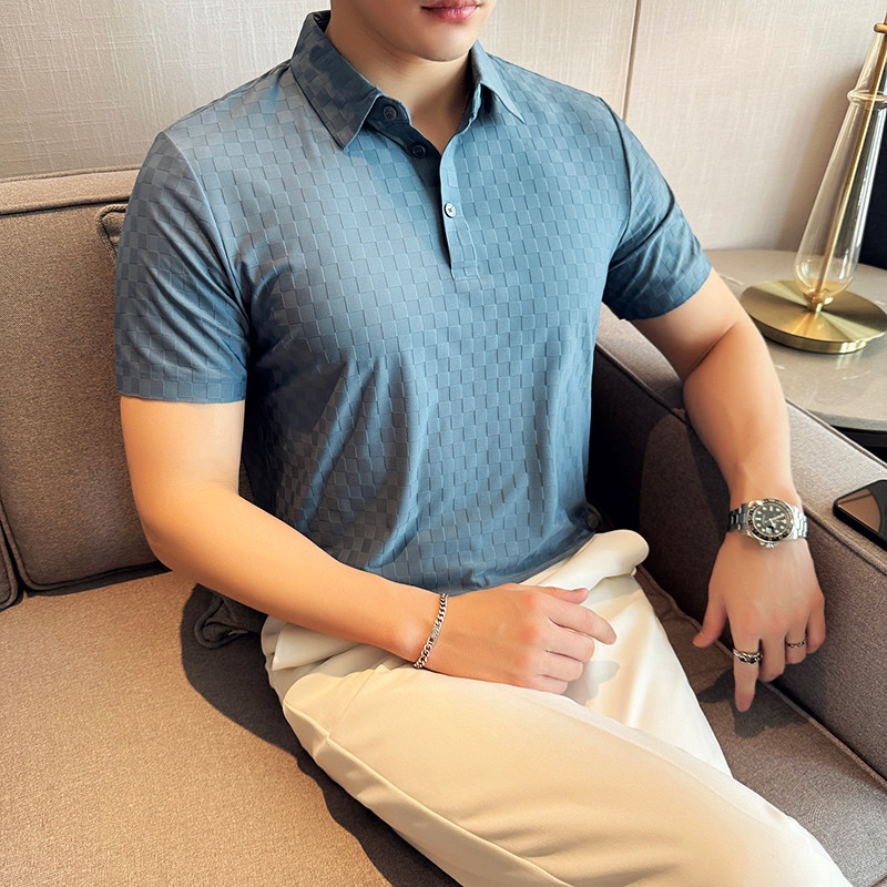 棋盘格冰丝无痕PLO衫高弹上衣男短袖2813-P58图片