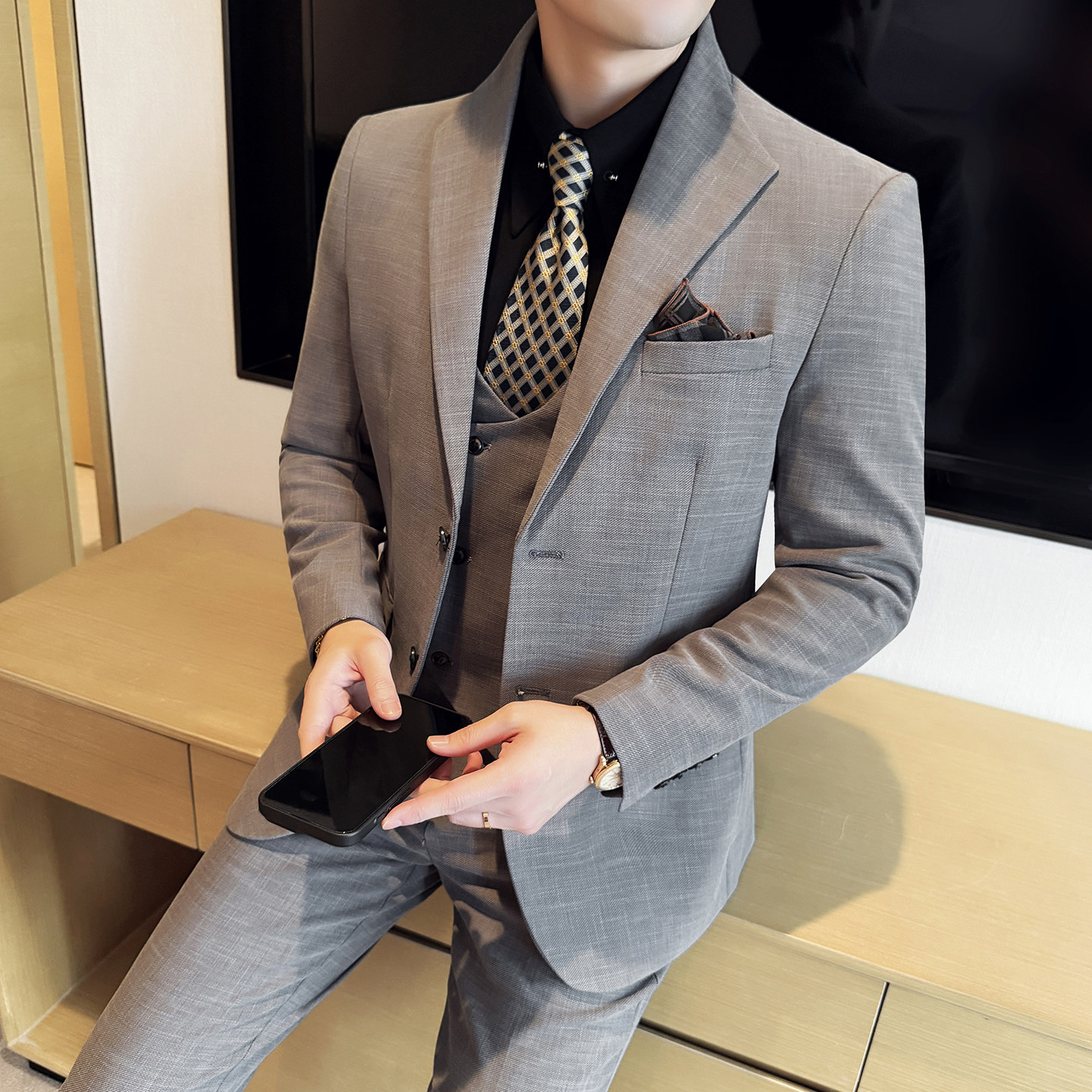 男士立领商务休闲西服韩版修身竹节纹西装套装2528-P285，男装西服套装，星座1606-1