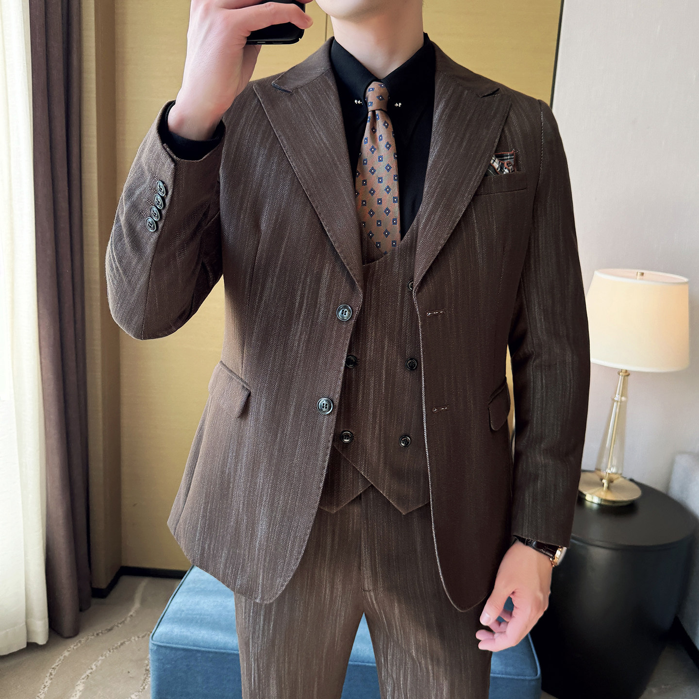 莱赛尔醋酸男士商务休闲西服韩版修身条纹西装套装2530-P285,男装西服套装,星座1606-1