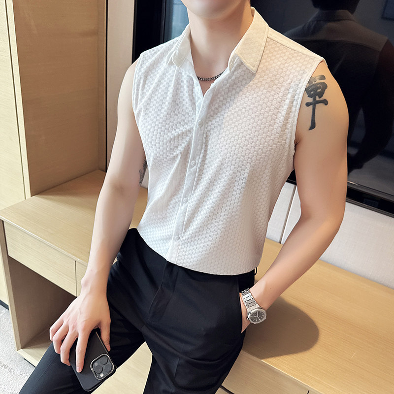 夏季冰丝华夫格背心衬衫时尚休闲免熨无袖衬衣男CS033-P48,男装背心/马甲,星座1606-1