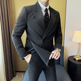 韩版修身西服时尚潮流设计双排扣西装三件套2415-P265右前幅可掀，男装西服套装，星座1606-1