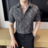 豹纹褶皱男士短袖衬衫时尚百搭休闲免熨衬衣CS015-P58，男装T恤，星座1606-1
