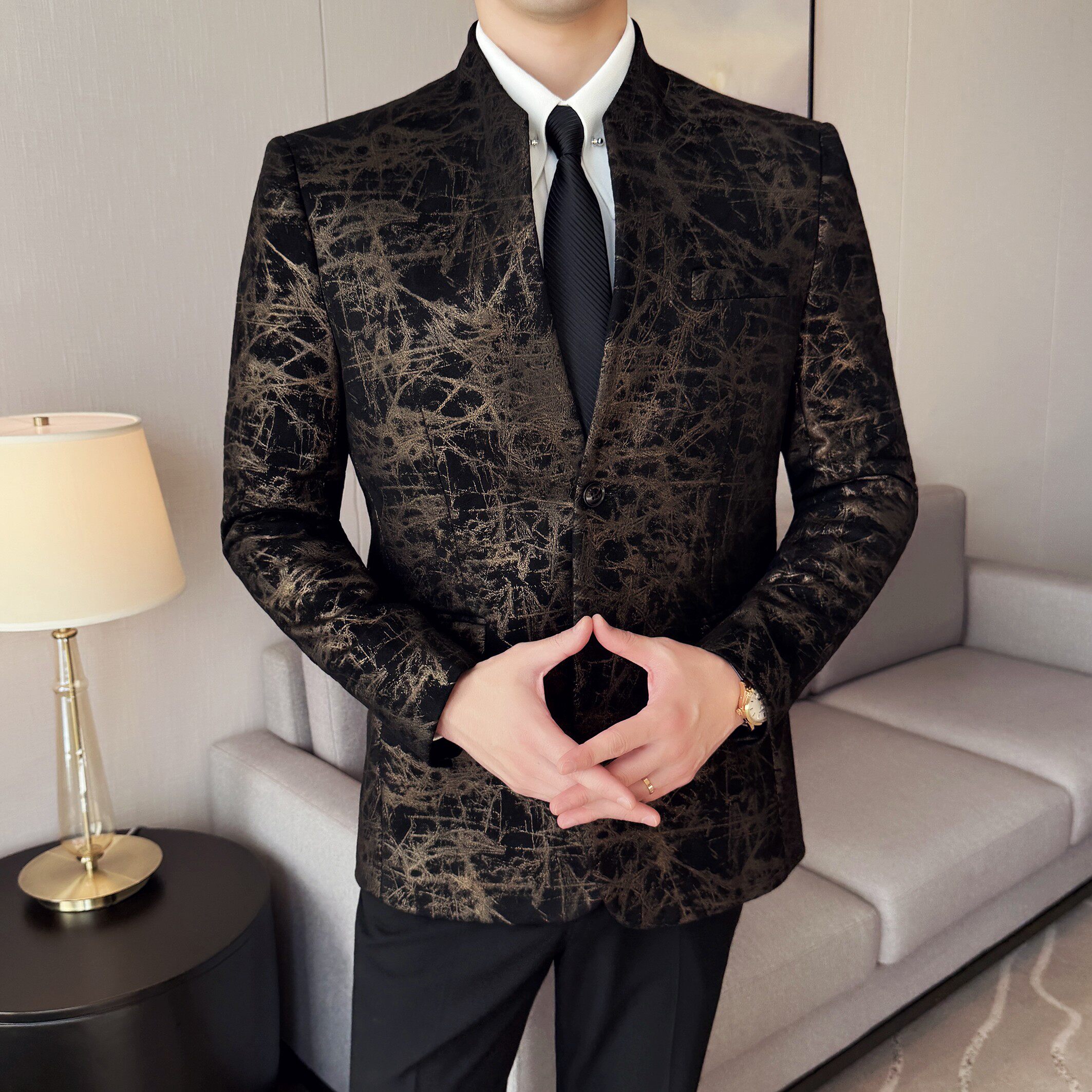 中式立领提花时尚休闲西装外套男士韩版修身西服DX61-P158,男装西服套装,星座1606-1