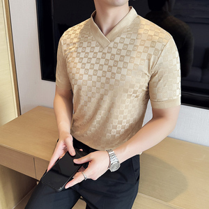 DS015-P39男士V领短袖T恤春夏新款时尚百搭修身立体打底衫图片