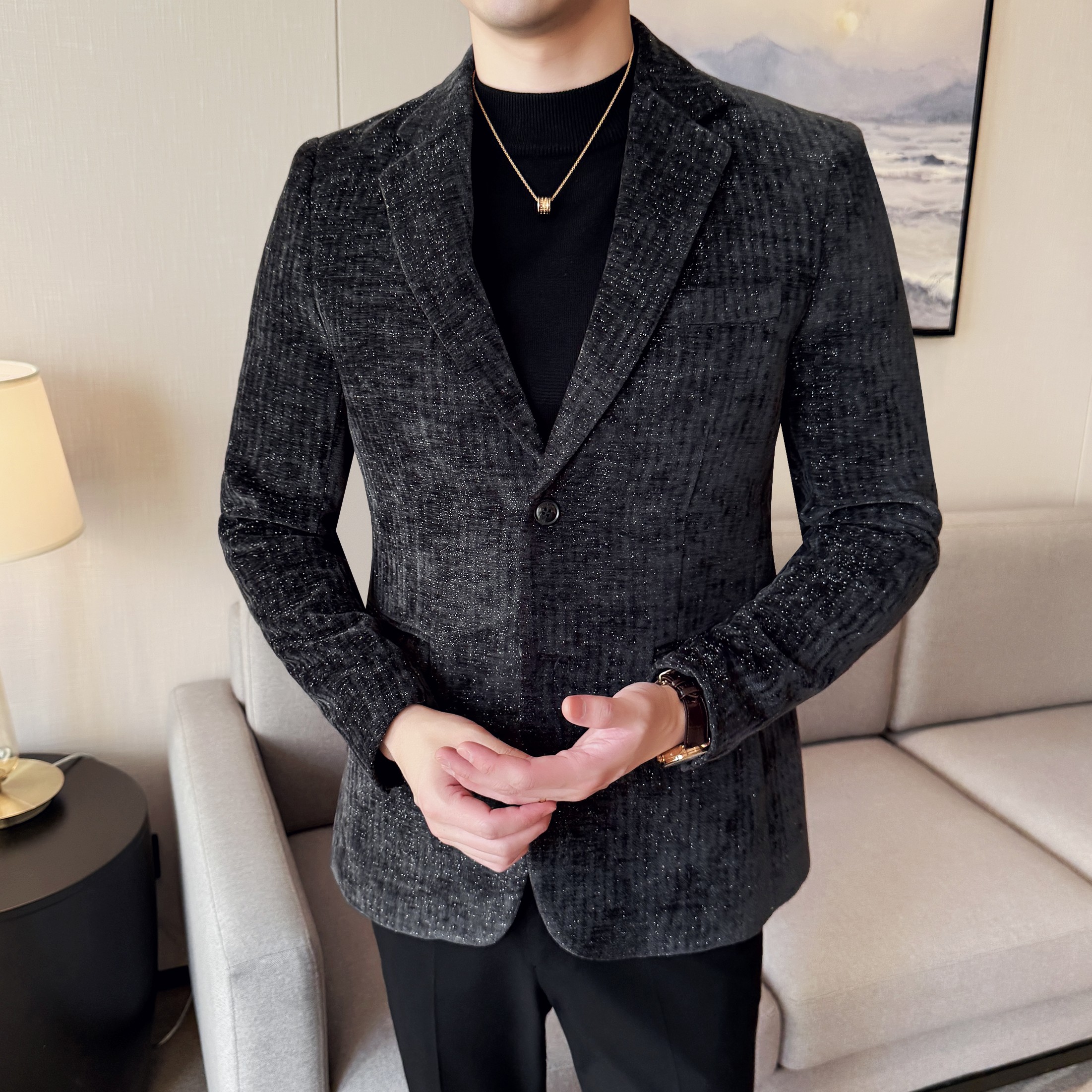 亮丝雪尼尔时尚休闲西装外套男士韩版修身西服DX66-P155，男装西服套装，星座1606-1