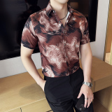 夏季碎花短袖衬衫冰丝时尚免熨衬衣男CS022-P58，男装T恤，星座1606-1