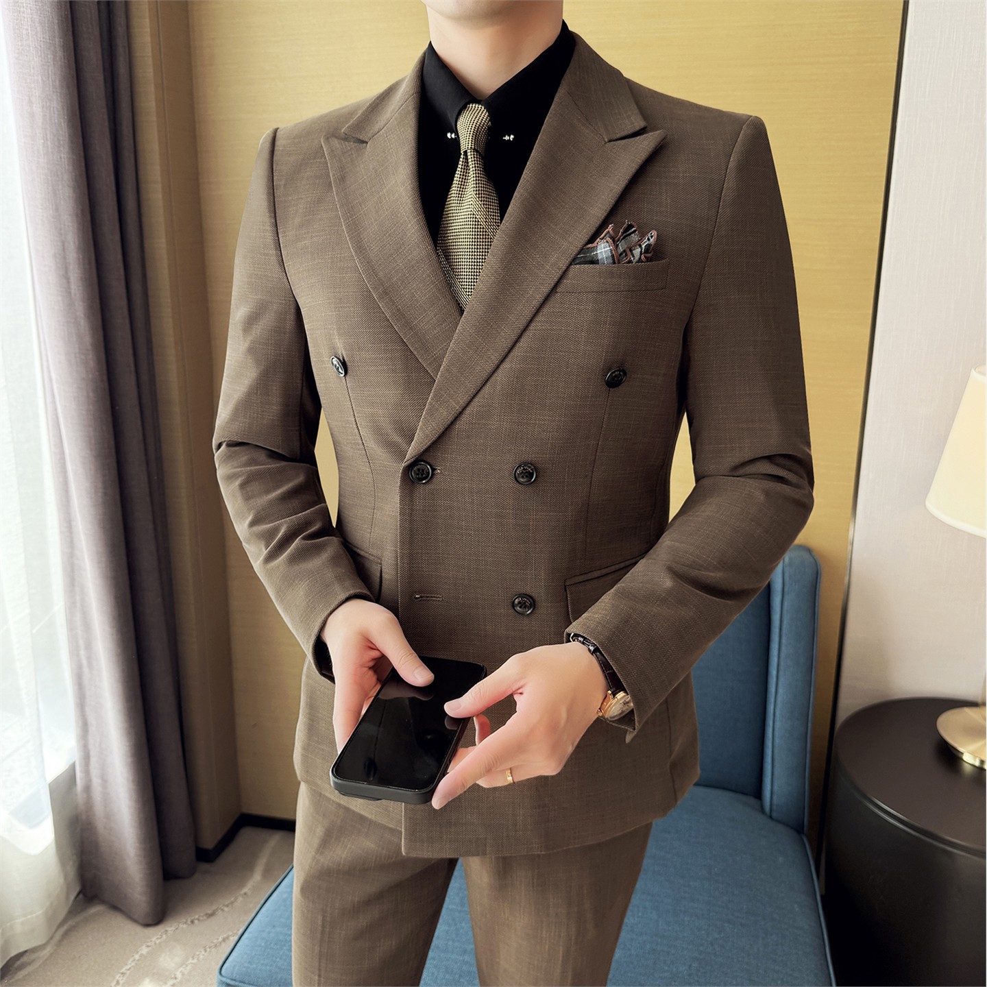 男士商务休闲西服韩版修身竹节纹双排扣西装套装2529-P285,男装西服套装,星座1606-1