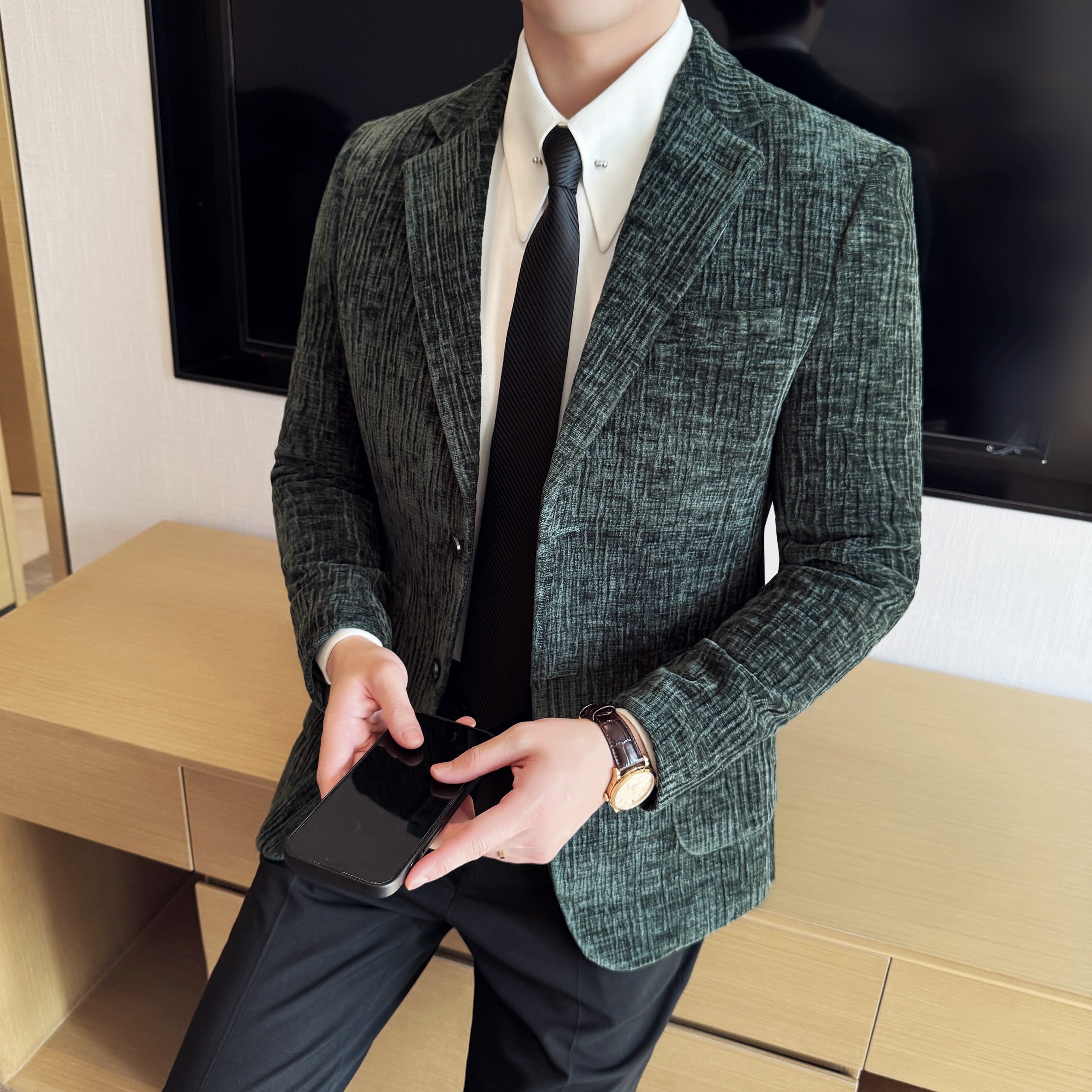 雪尼尔褶皱时尚休闲西装外套男士韩版修身西服DX60-P148，男装西服套装，星座1606-1