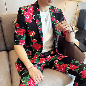 东北大红花修身男士短袖西服九分裤西装套装2402-P185图片