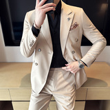 韩版修身西服纯色暗格条纹双排扣西装套装1837-P225，男装西服套装，星座1606-1