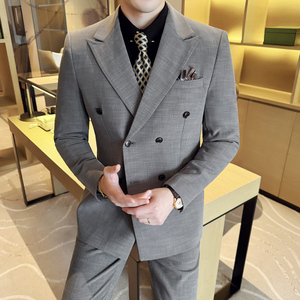 男士商务休闲西服韩版修身竹节纹双排扣西装套装2529-P285图片