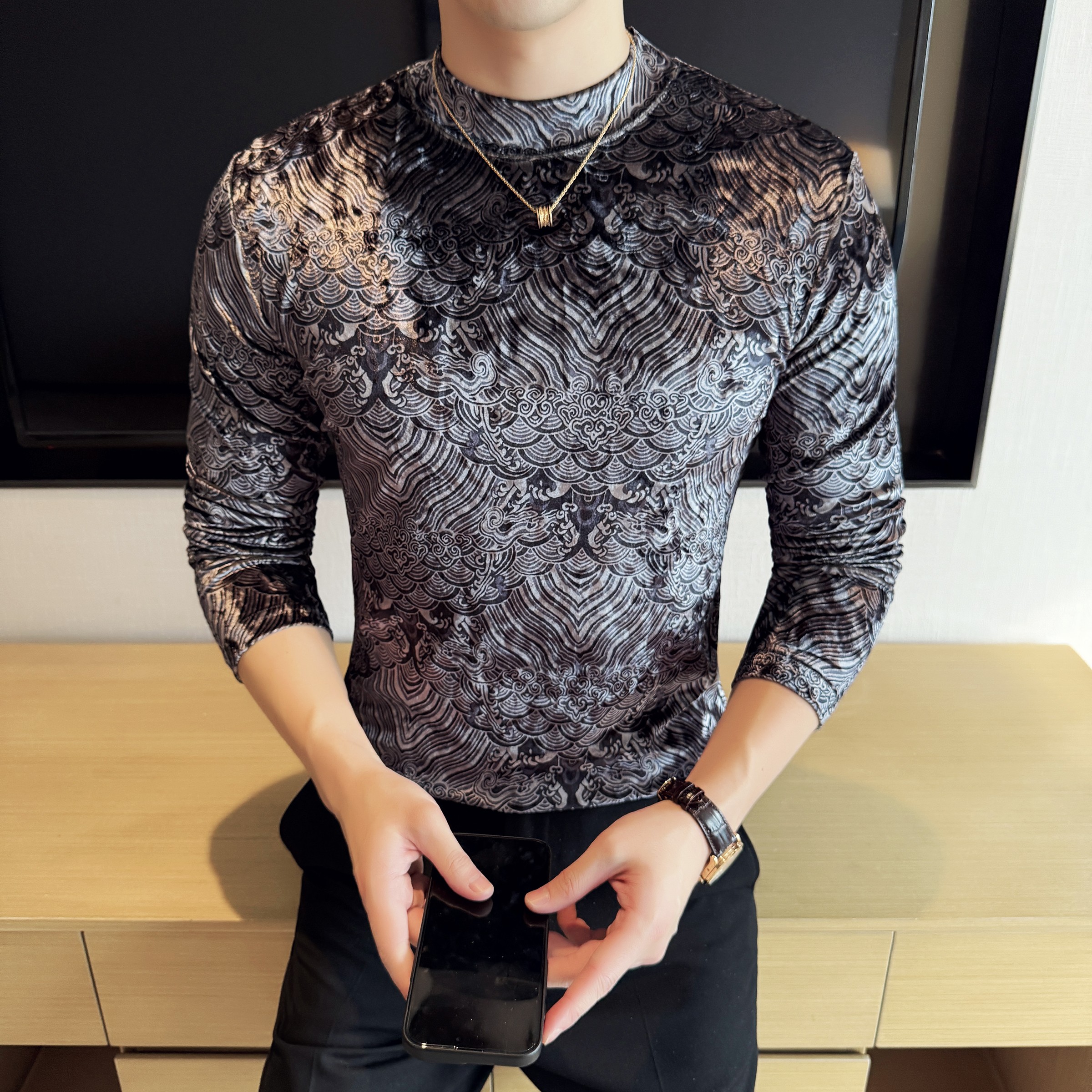 DS041-P48金丝绒祥云印花半高领男士长袖T恤修身立体打底衫,男装T恤,星座1606-1