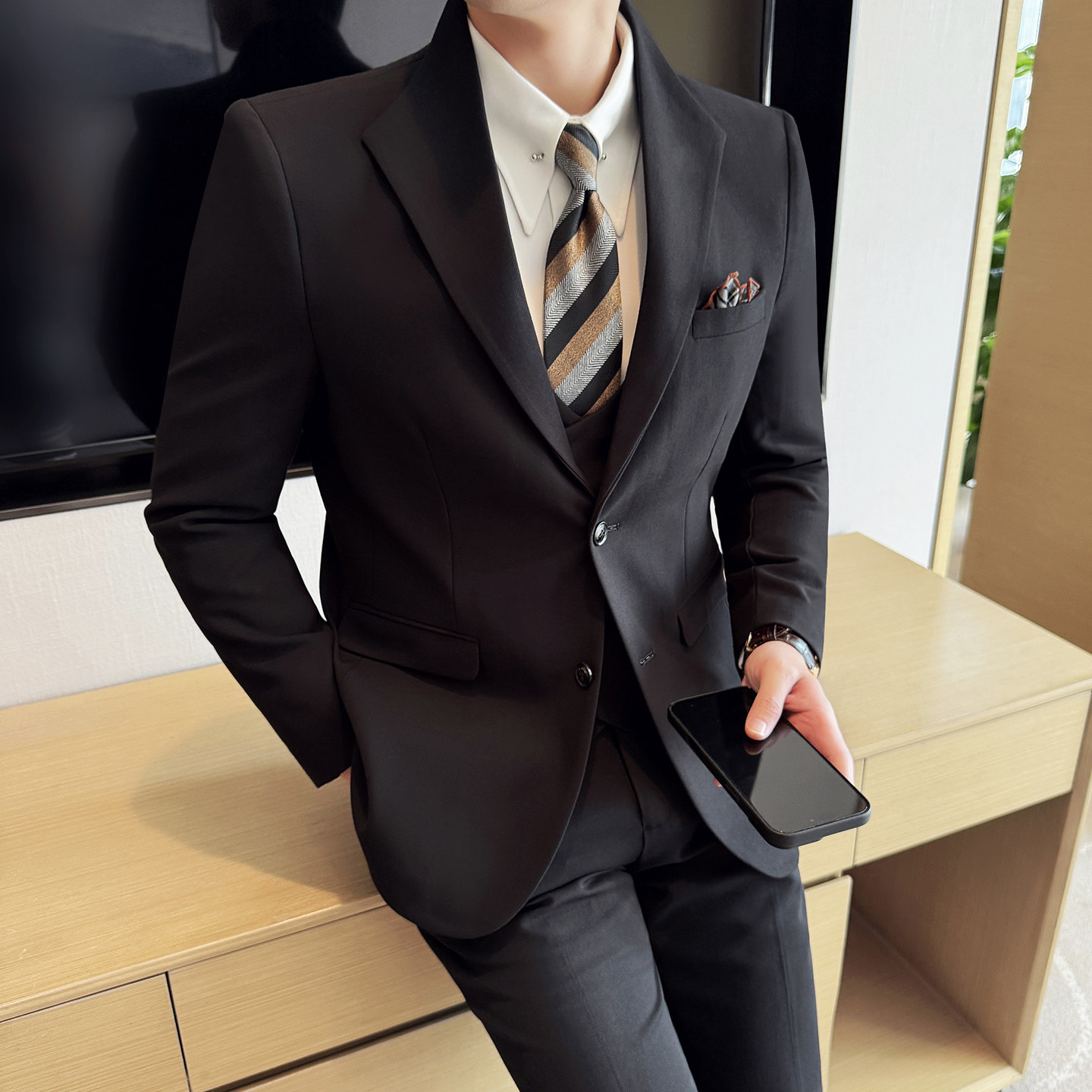 男士立领商务休闲西服韩版修身竹节纹西装套装2528-P285,男装西服套装,星座1606-1