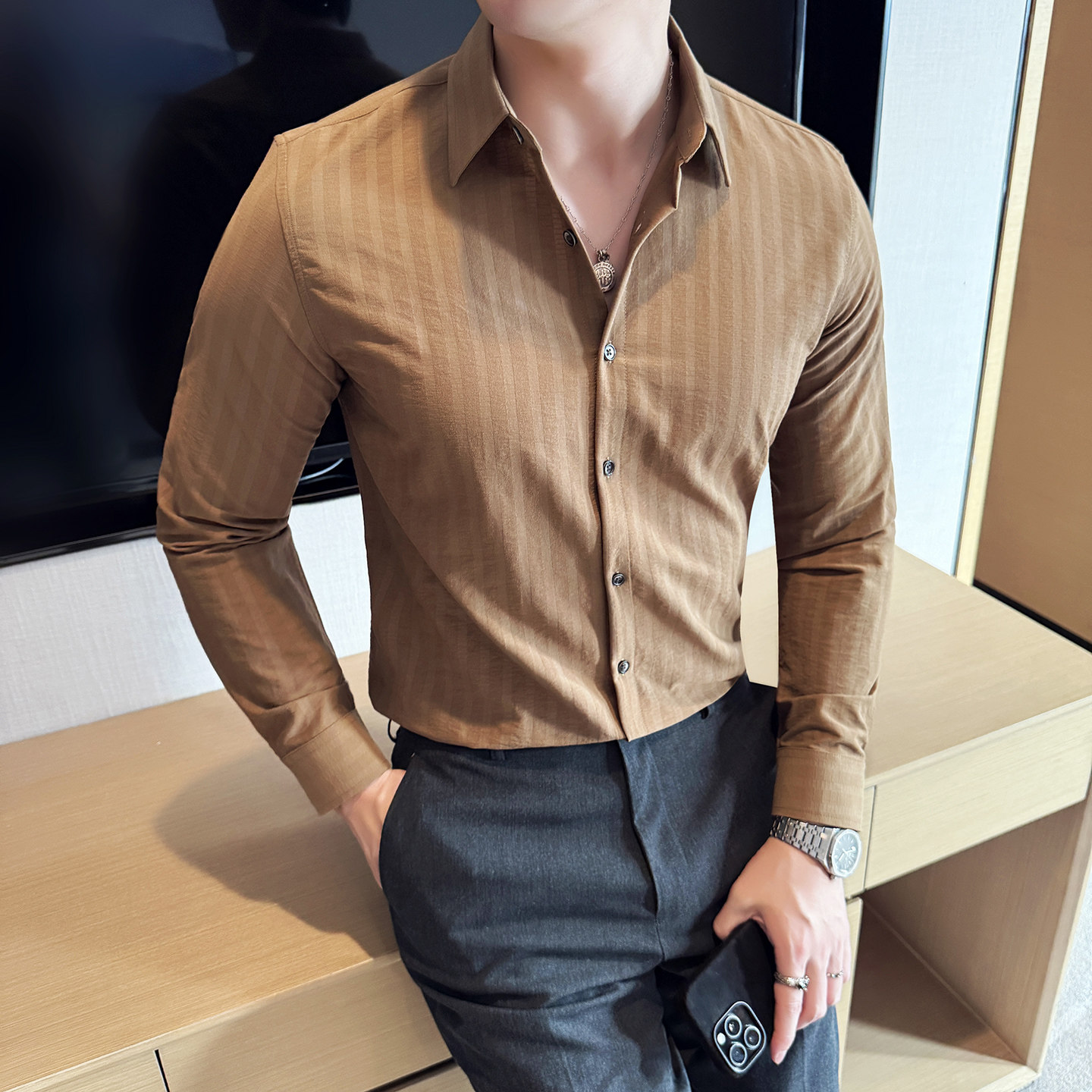 天丝莱赛尔竹纤维条纹男士长袖衬衣时尚休闲免熨衬衫CS048-P63,男装衬衫,星座1606-1