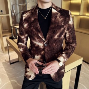 扎染雪尼尔时尚休闲西装外套男士韩版修身西服DX67-P178图片