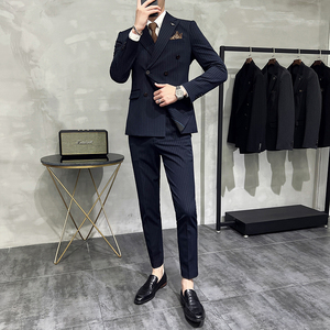 韩版修身商务西服双排扣条纹西装三件套1820-P270图片