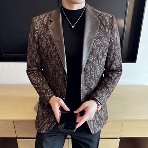 腰果花时尚休闲提花拼皮西装外套男士韩版修身西服DX70-P148图片