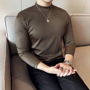 DS046-P48波浪纹半高领T恤男士修身立体打底衫图片