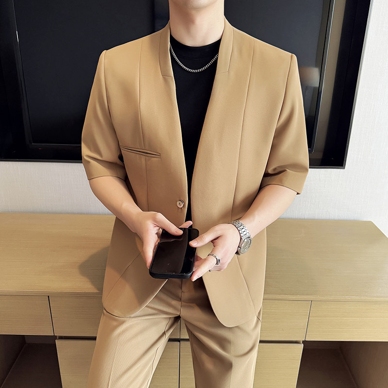 无领新中式西装微宽松版型短袖西服磁吸纽扣西服套装2504-P220,男装T恤,星座1606-1