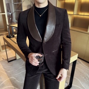 男士青果领拼皮西装时尚休闲西服套装2516-P220图片