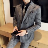 男士商务休闲西服流星雨条纹双排扣时尚潮流西装三件套2525-P285，男装西服套装，星座1606-1