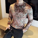 DS041-P48金丝绒祥云印花半高领男士长袖T恤修身立体打底衫，男装T恤，星座1606-1
