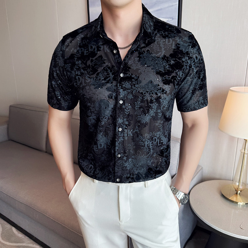 风短袖提花植绒衬衫夏季薄款网纱衬衣男CS039-P63，男装T恤，星座1606-1