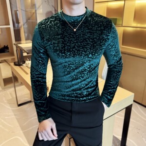 DS040-P48金丝绒豹纹提花半高领男士长袖T恤修身立体打底衫图片