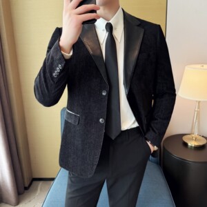 莱赛尔拼皮男士韩版修身西服时尚休闲西装外套DX57-P148图片