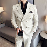 韩版修身时尚潮流西服格子双排扣西装套装2304-P230，男装西服套装，星座1606-1