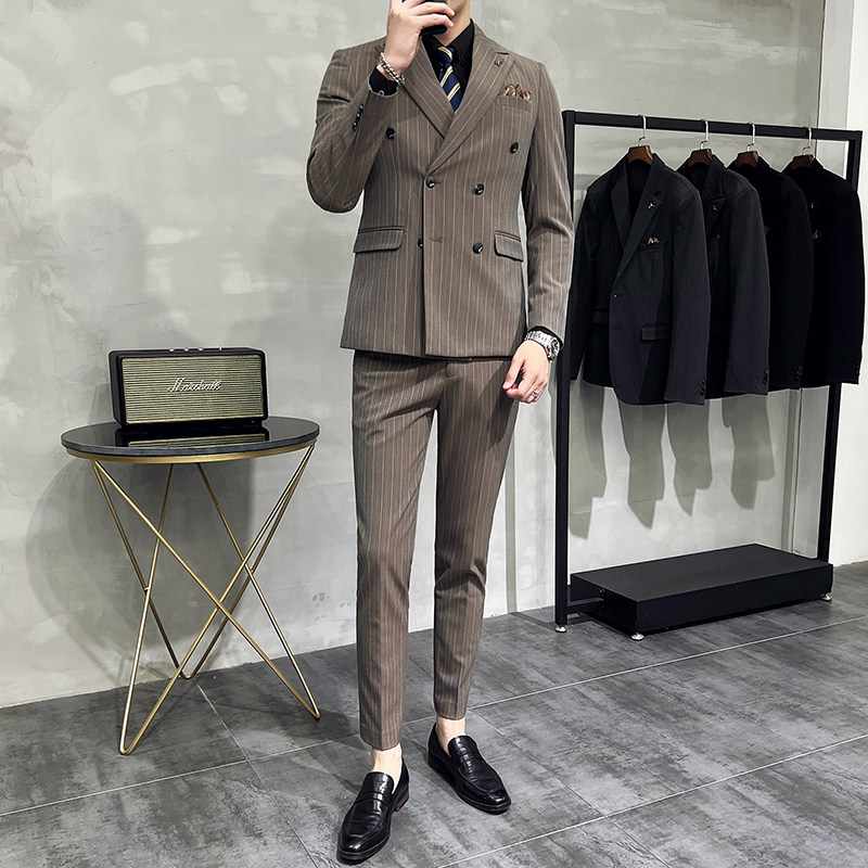 韩版修身商务西服条纹双排扣西装三件套1821-P280,男装西服套装,星座1606-1