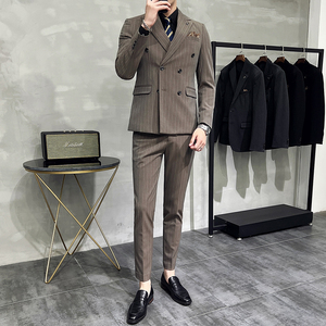 韩版修身商务西服条纹双排扣西装三件套1821-P280图片