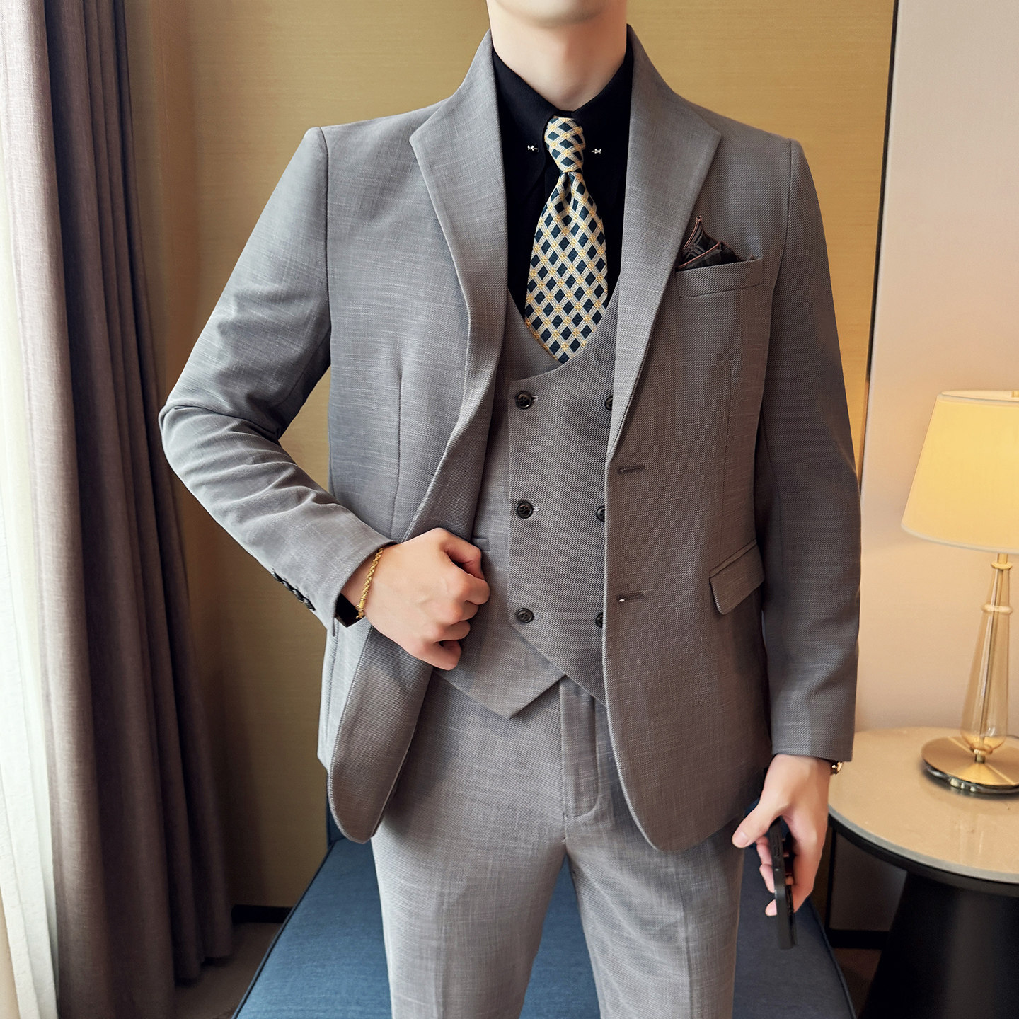 男士立领商务休闲西服韩版修身竹节纹西装套装2528-P285,男装西服套装,星座1606-1
