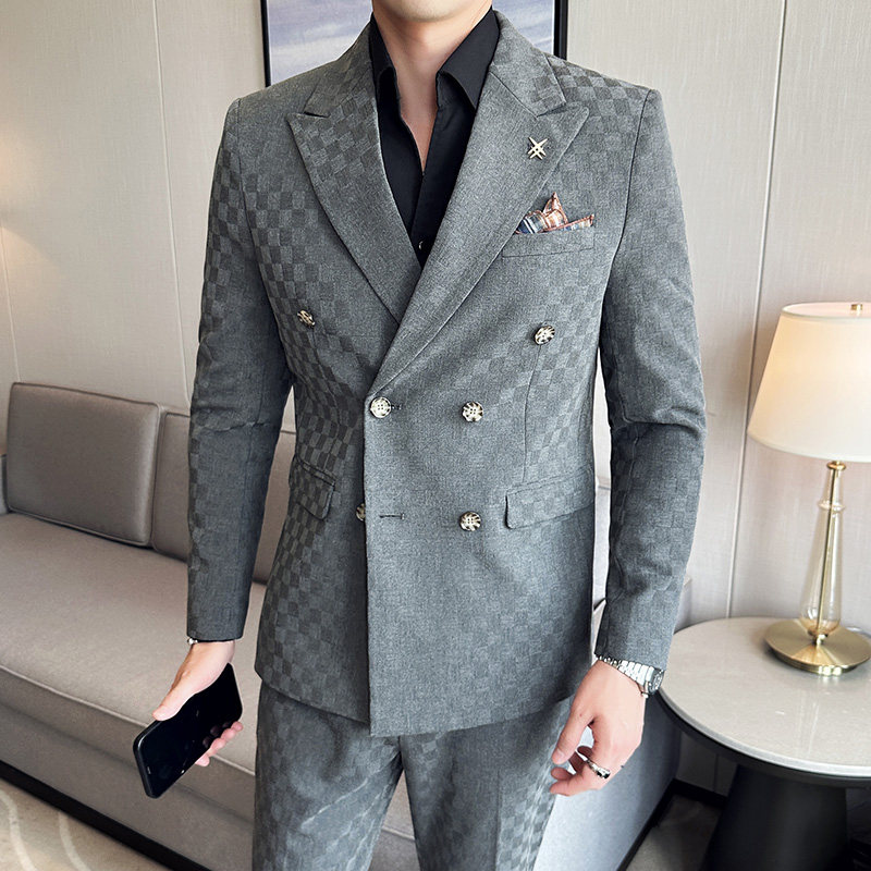 韩版修身时尚潮流西服格子双排扣西装套装2304-P230,男装西服套装,星座1606-1