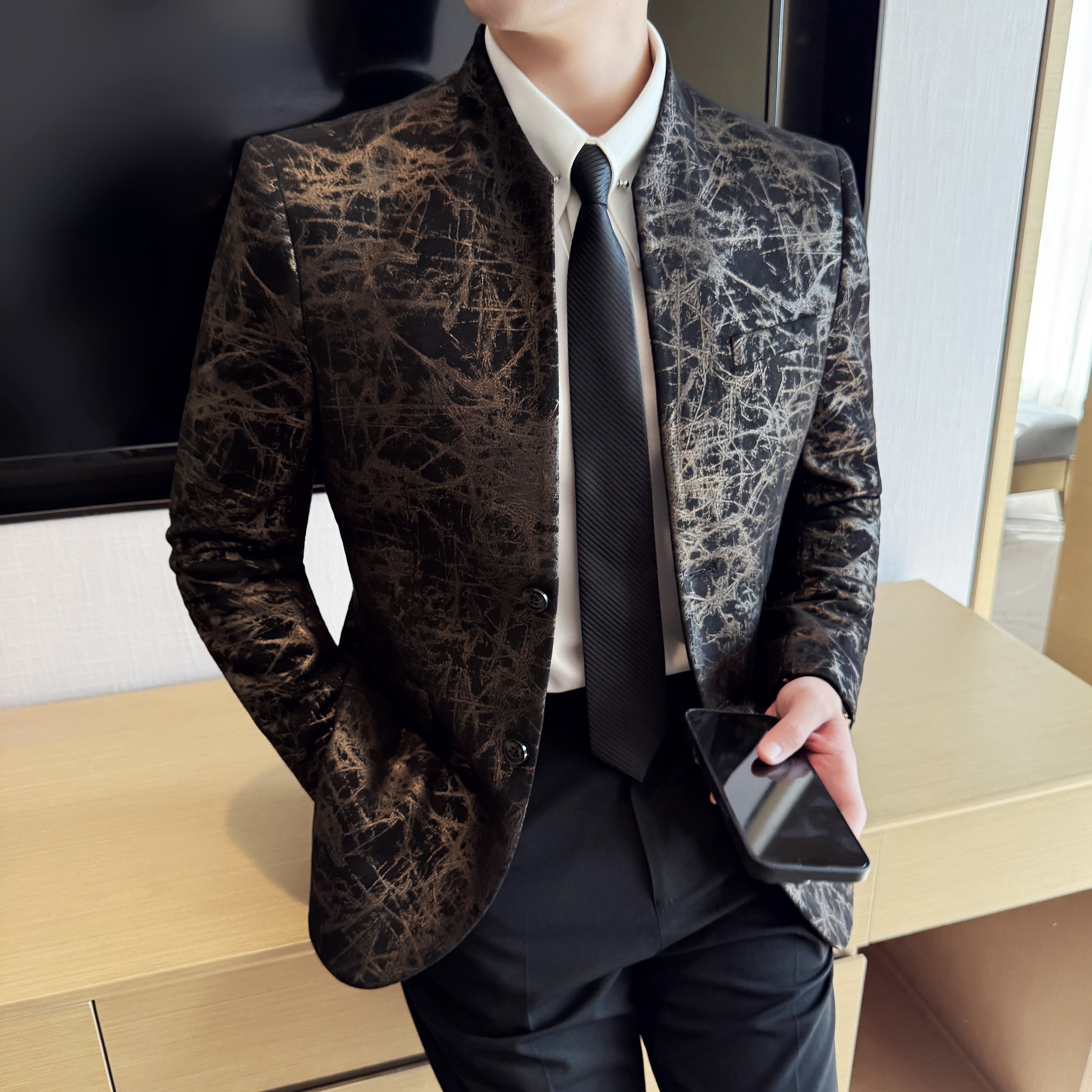 中式立领提花时尚休闲西装外套男士韩版修身西服DX61-P158,男装西服套装,星座1606-1