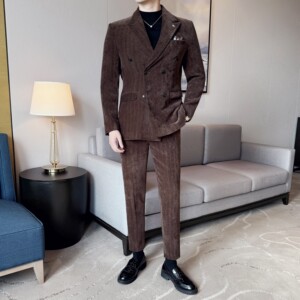 雪尼尔人字纹男士商务休闲西服双排扣西装套装2527-P220