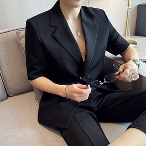 春夏抖音微宽松版型短袖磁吸纽扣西服套装2301-P220图片