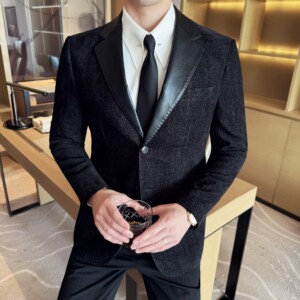 莱赛尔拼皮男士韩版修身西服时尚休闲西装外套DX57-P148图片