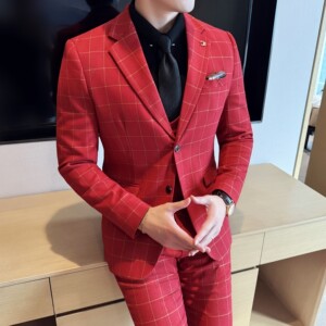 男士商务婚礼西装韩版修身格子西服三件套2520-P280图片