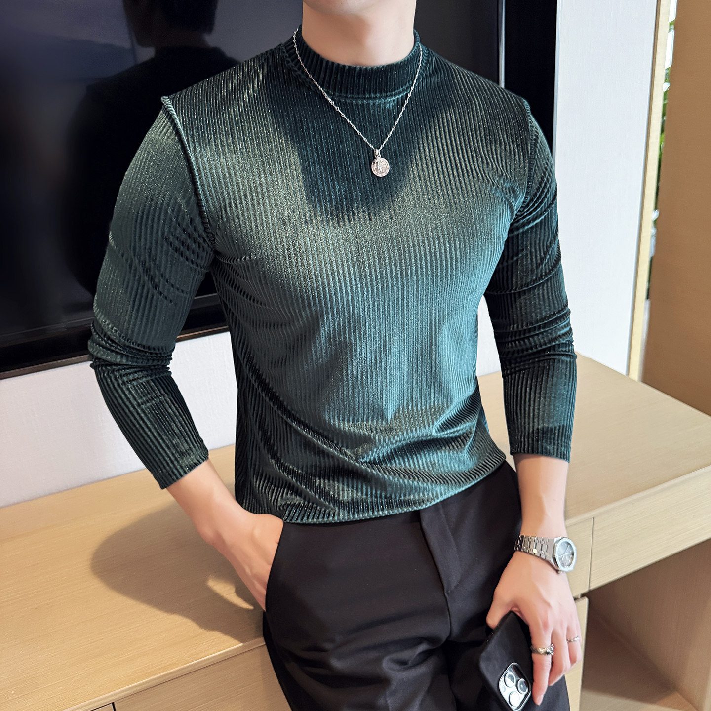 DS045-P48坑条纹半高领T恤金丝绒男士修身立体打底衫,男装T恤,星座1606-1