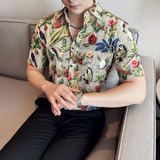 百鸟图夏季印花短袖衬衫时尚休闲免熨衬衣男CS042-P58，男装T恤，星座1606-1