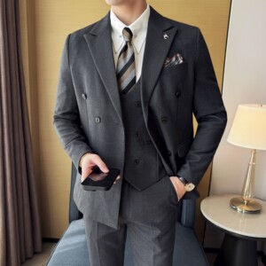 男士商务休闲西装华夫格韩版修身双排扣西服三件套2522-P285图片