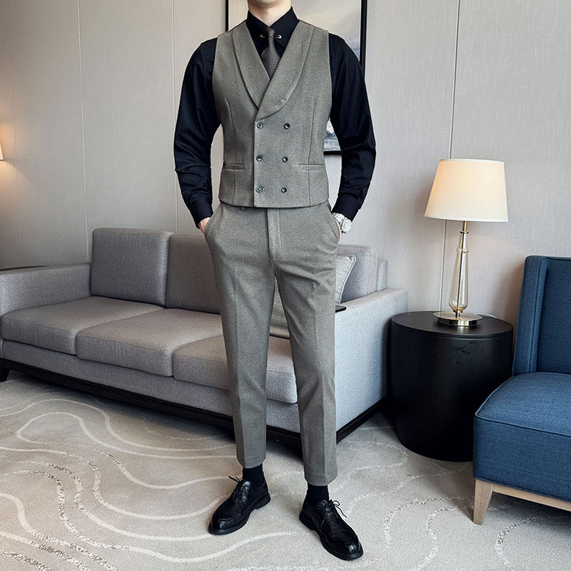 韩版修身商务毛呢双排扣马甲套西装MJT1824-P130，男装西服套装，星座1606-1