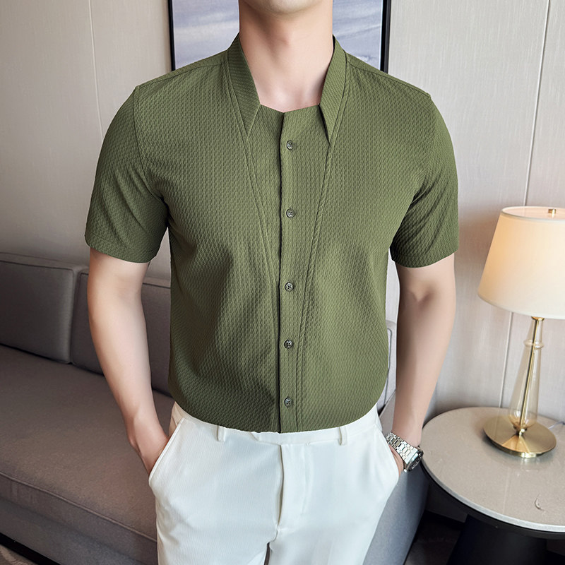 夏季立领格纹短袖衬衫商务休闲时尚免熨衬衣男CS030-P62，男装T恤，星座1606-1