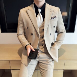 男士商务休闲西装华夫格韩版修身双排扣西服三件套2522-P285图片